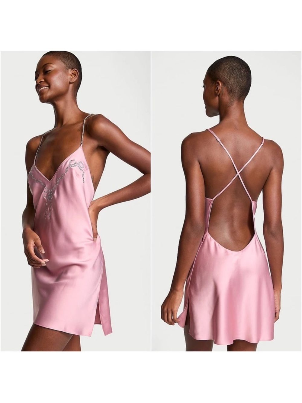 Victoria secret rose pink Twinkle Silk-Look Pink Embroidered Slip Dress